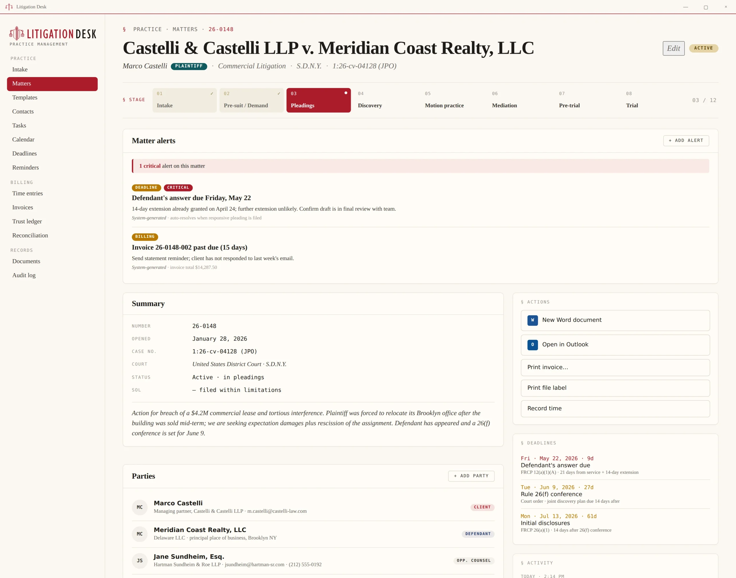 Litigation Desk matter dashboard showing the Castelli v. Meridian commercial litigation matter with stage progression, alerts, summary, parties, deadlines, and activity log.