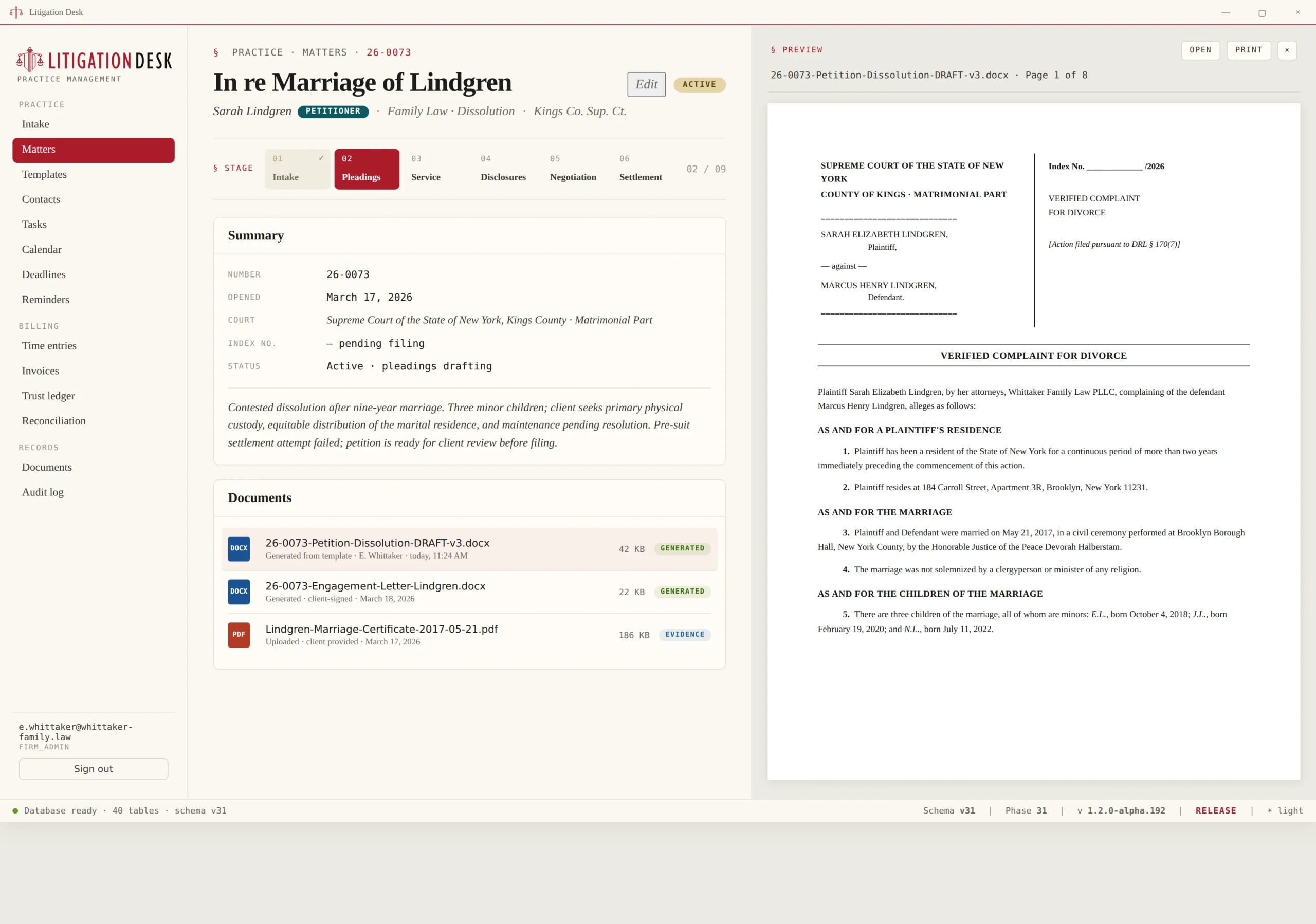In re Marriage of Lindgren matter with a generated Verified Complaint document preview shown alongside.