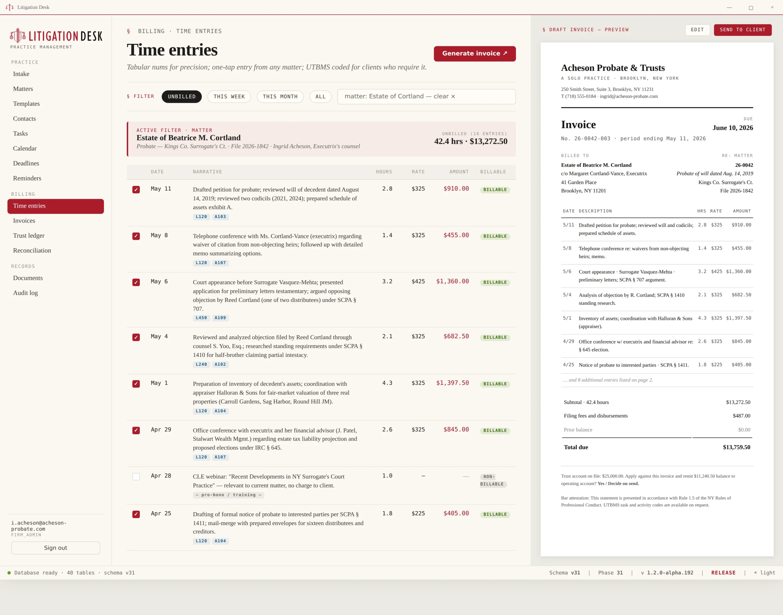 Time entries page showing UTBMS-coded entries with unbilled totals alongside a draft invoice ready for client delivery, including a trust-offset offer.