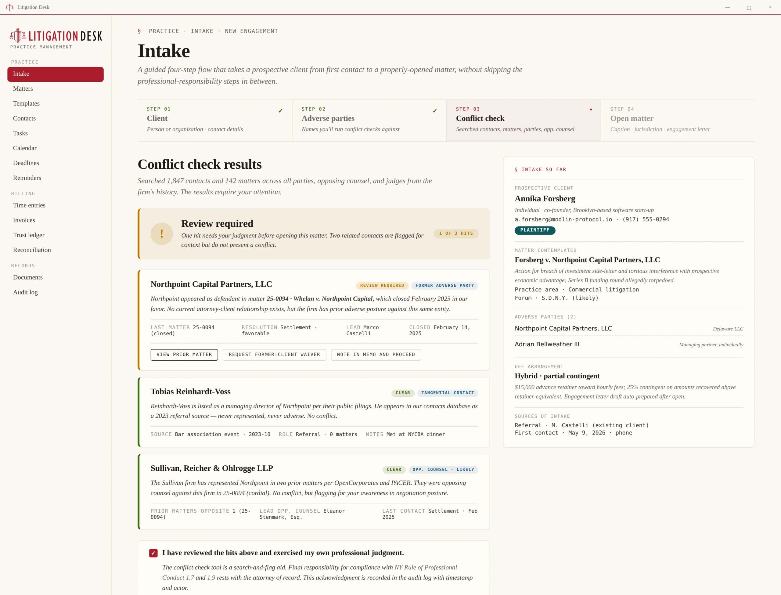 Conflict check screen during matter intake, showing a review-required hit on Northpoint Capital Partners (a former adverse party) and two informational hits on Sankey/Sundheim.